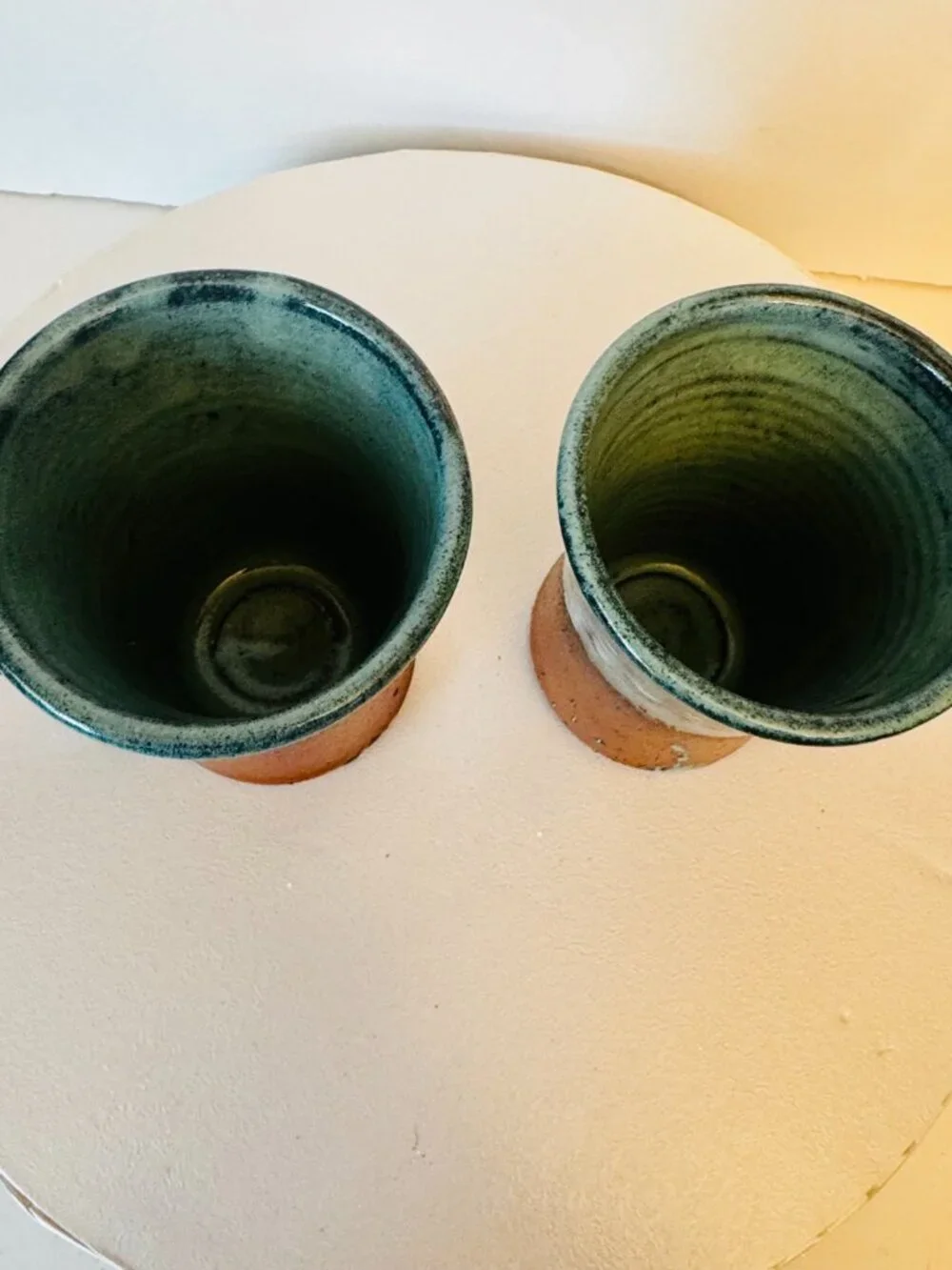 Pair Handmade Studio Pottery Mugs Joe Foster Terracotta Blue Green Drip Glaze